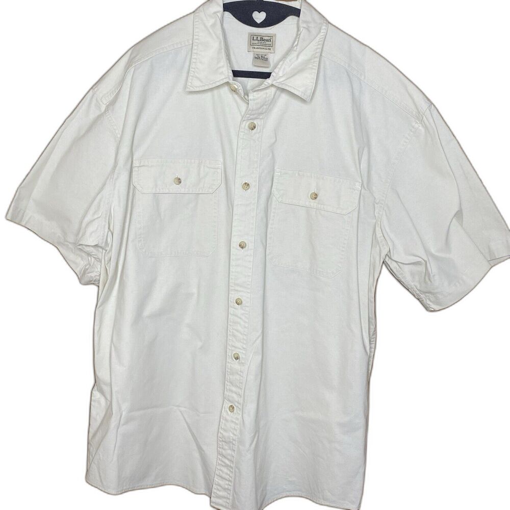 LL BEAN Sunwashed Canvas Shirt Traditional Fit Button Short Sleeve Mens XL Cream
